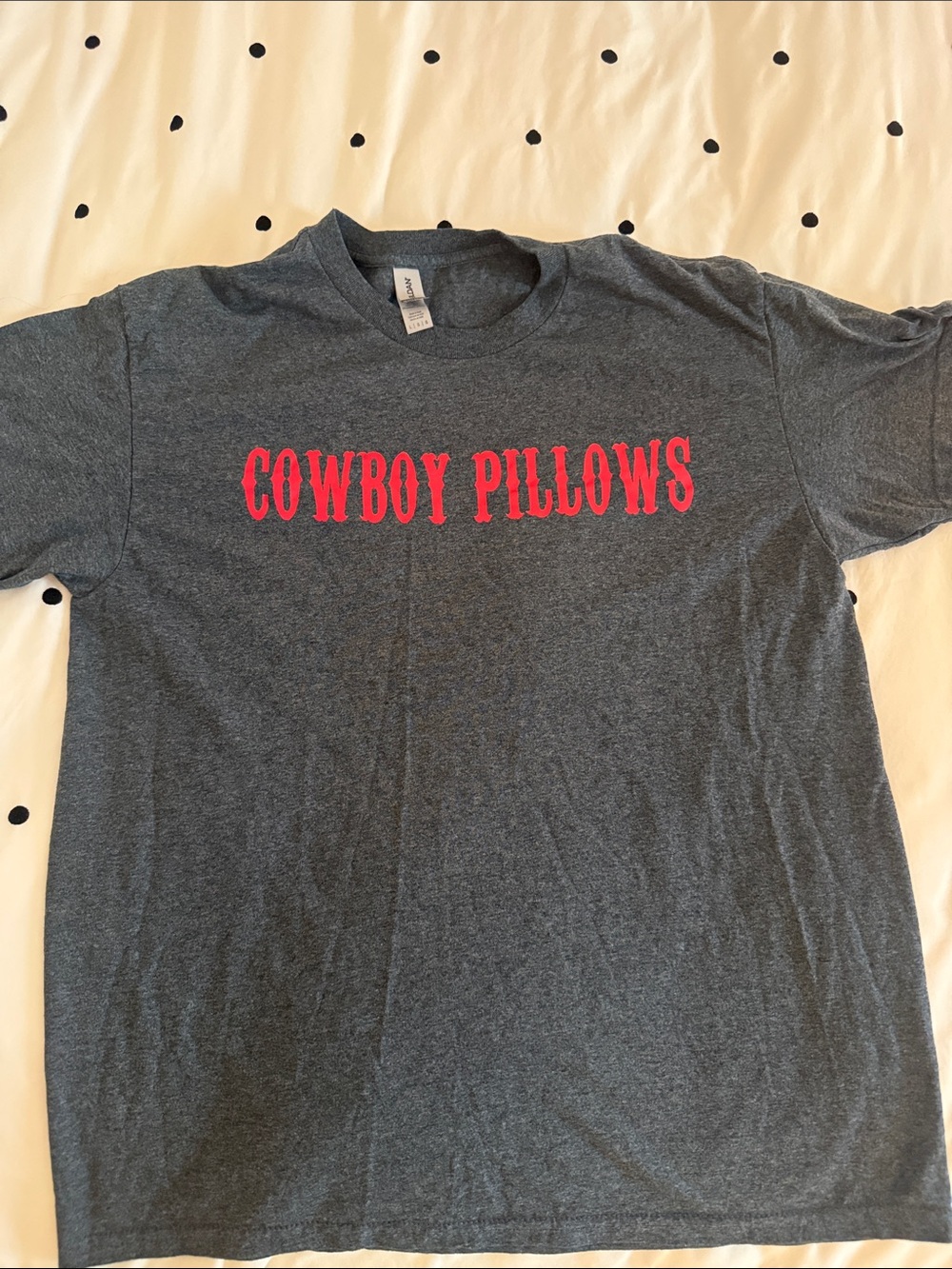 Cowboy Pillows Gray Graphic Tee with Red Lettering